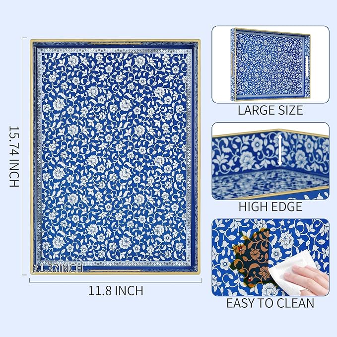 Boho Sturdy Acrylic Serving Tray with Handles,Rectangular Tray for Coffee Table,Food,Breakfast-Kitchen Countertop Tray,Ottoman Tray for Living Room,Plastic Decorative Tray (ART2, 30x40)