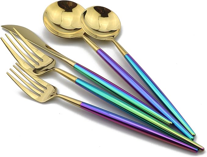 20-Piece Coloful Rainbow Handle Gold Flatware Set, Mirror 18/10 Stainless Steel, Service for 4