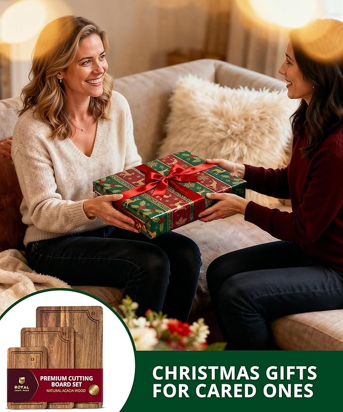 ROYAL CRAFT WOOD Acacia Wood Cutting Boards Set of 3 – Premium Wooden Cutting Boards for Kitchen Meal Prep & Serving - Charcuterie & Chopping Butcher Block for Meat with Deep Juice Groove Side Handles