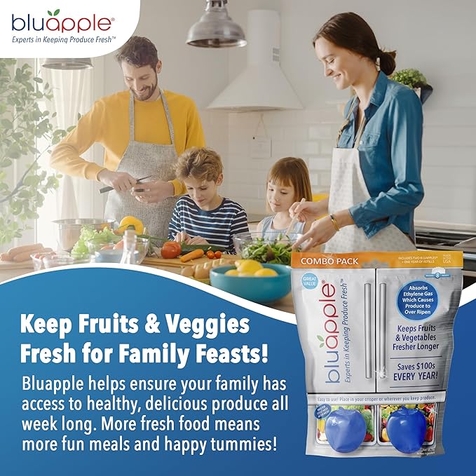 Bluapple Ethylene Gas Absorber Produce Saver Combo Pack - Keeps Fruits & Veggies Fresh in Refrigerator, Lasts up to 3 Months, 8 Packets and 2 Bluapples for 1 Year, Produce Storage, BPA Free, USA Made