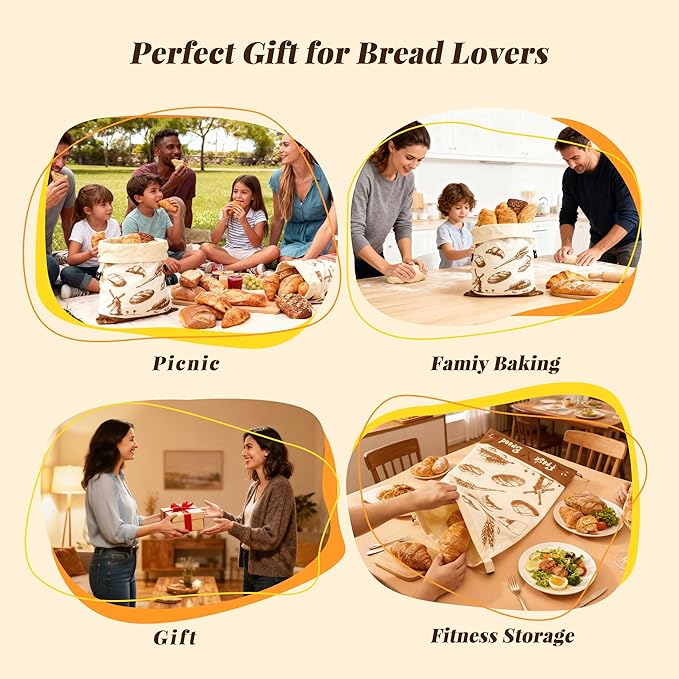 Reusable Beeswax Bread Bags - 2 Pack Airtight Food Storage for Homemade Sourdough & Bakery Bread Organic Cotton, Natural Beeswax Lined.