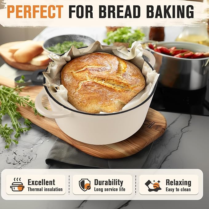 Enameled Cast Iron Dutch Oven Pot with Lid 5.5 Quart Enameled Dutch Oven with Dual Handle for Bread Baking, Braising, Stews, Roasting - Non-stick Cookware(White)