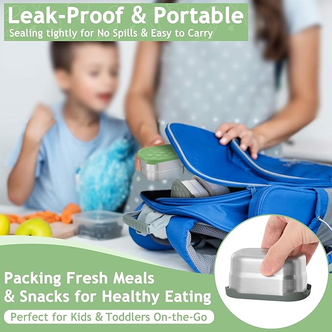 Homikit 3 Pack Snack Containers for Kids, 18/10 Stainless Steel Toddler Lunch Box with Silicone Lids, Reusable Bento Food Container Set for School Daycare, Nontoxic & Leak Proof, Green/Khaki/Gray