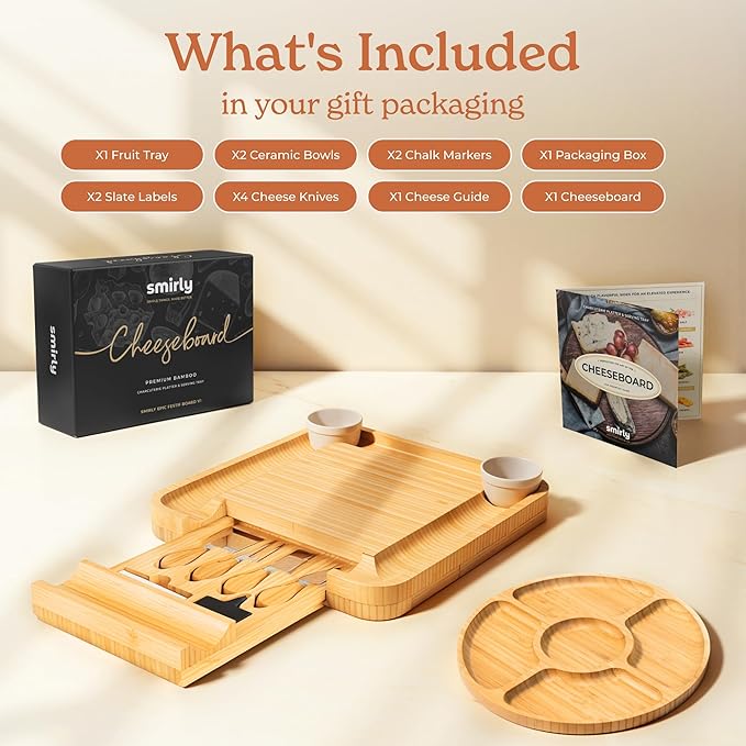 Smirly Charcuterie Board Set - Large Bamboo Cheese Board for Serving - House Warming Gifts New Home, Wedding & Bridal Shower Gift, Birthday Gift for Women