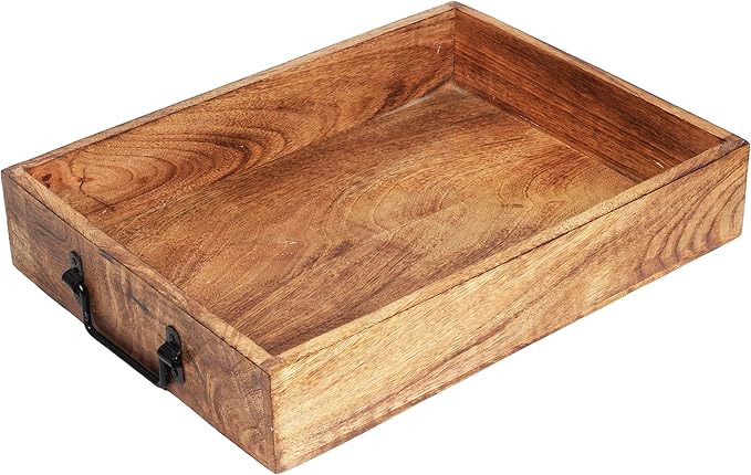Wooden Decorative Serving Tray with Metal Handles | Wood Trays for Breakfast in Bed, Lunch, Dinner, Appetizers, Patio, Ottoman, Coffee Table, Party (15" X 11" x 2.75")
