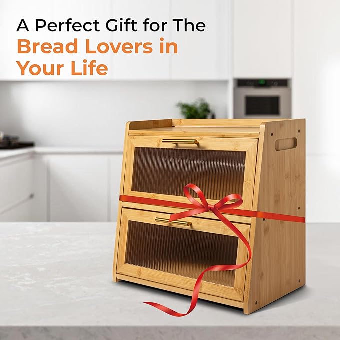 Extra Large Bamboo Bread Box for Kitchen Countertop, Dual-Layer Breadbox Provides Double the Bread Storage Space, Holds Multiple Loaves, Durable & Beautiful with Frosted Acrylic Panels