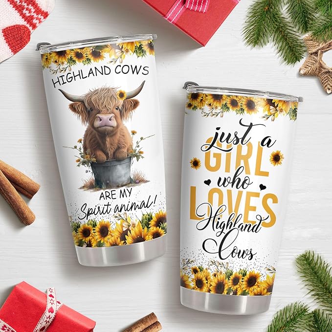 34HD Highland Cow Tumbler with Lid, 20oz Vacuum Insulated Heifer Coffee Mug, Highland Cow Gifts for Girls, Women on Birhday, Mothers Day, Christmas, Graduation