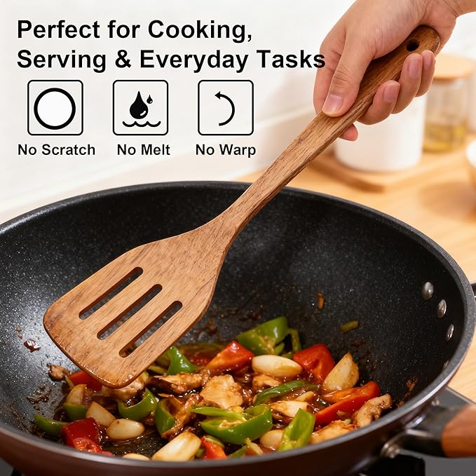 Wooden Spoons for Cooking,6PCS Teak Wood Cookware Utensil Set,Lightweight,Durable and Heat-Resistant – Easy to Clean, Perfect for Non-Stick Cookware