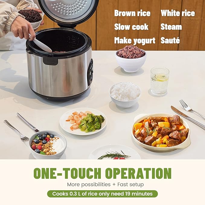 Electric Rice Cooker with One Touch for Asian Japanese Sushi Rice, 10-cup Uncooked/20-cup Cooked, Fast&Convenient Cooker with Steamer, Stainless Steel Housing and Auto Warmer