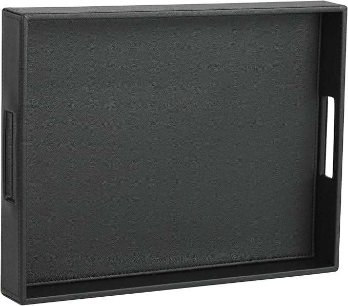 HofferRuffer Rectangle Serving Tray with Hole Handles for Coffee Table, Breakfast, Tea, Food, Butler - Countertop, Kitchen, Vanity Serve Tray, 16.2 x 12.2 x 2 inches, Faux Leather Tray (Black)