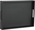HofferRuffer Rectangle Serving Tray with Hole Handles for Coffee Table, Breakfast, Tea, Food, Butler - Countertop, Kitchen, Vanity Serve Tray, 16.2 x 12.2 x 2 inches, Faux Leather Tray (Black)