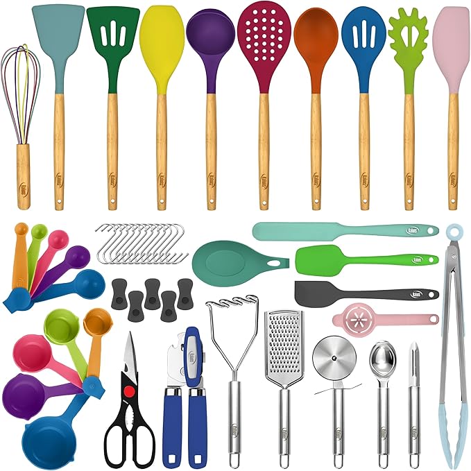 Kaluns 50 PCS Silicone Kitchen Utensils Set Complete Kitchen Set - 800°F Heat Resistant Non-Stick Premium Cooking Utensils W Wooden Handles - Can Opener, Masher, Turner, Silicone Spatula Set