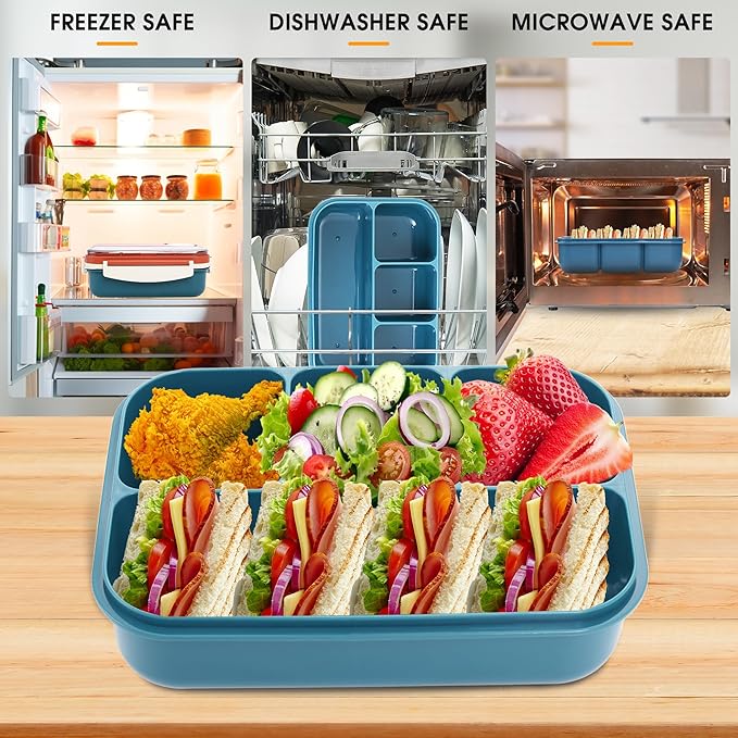 Bento box adult work lunch box, adult container, with 4 compartments, lunch container with cutlery ( knife, fork, spoon, sauce box), animal fruit fork, microwave and dishwasher safe, Orange Blue