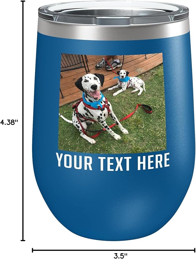 Personalized 12oz (17 Colors) Mother's Day Photo Printed Insulated Stainless Steel Powder Coated Stemless Wine Tumbler with Lid, Customized Gift Idea for Her, Coach Gifts Team Mom Dad (Royal Blue)