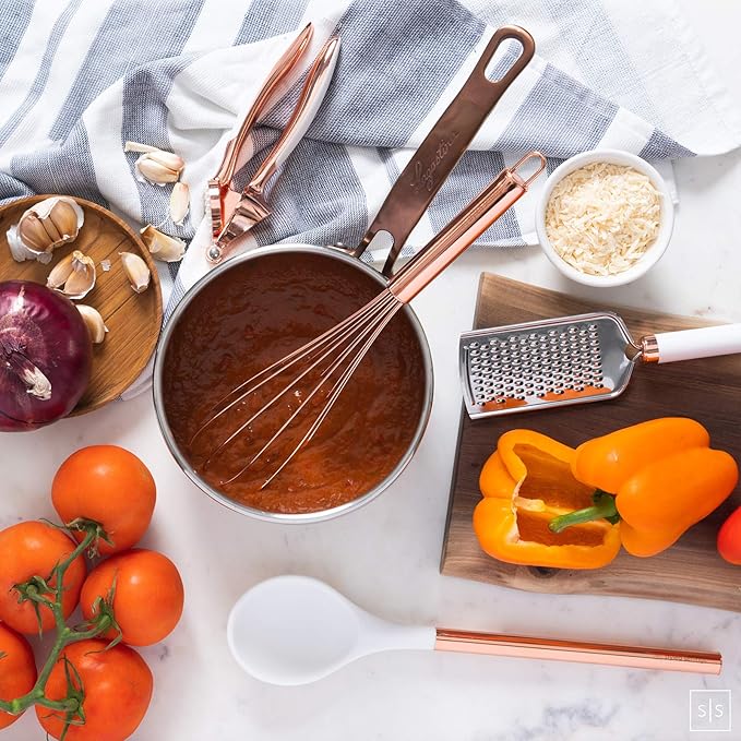 White Silicone and Copper Kitchen Utensils Set with Holder - 17-Piece Rose Gold Cooking Tools for Nonstick Cookware, with Measuring Cups, Spoons, & Utensil Holder - Stylish Copper Kitchen Accessories