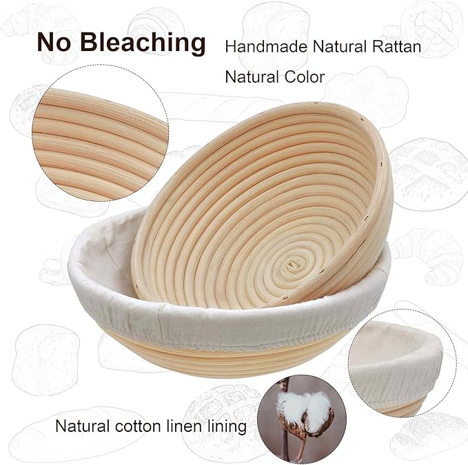 Banneton Bread Proofing Basket set of 3, 9 Inch Round Sourdough Proofing Baskets with Liner,Dough Proofing Bowls,Made of Natural rattan,for Sourdough Bread Baking Supplies
