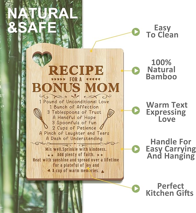 Christmas Bonus Mom Gifts, Bonus Mom Gifts from Bonus Daughter, Bonusmom Wooden Cutting Board Utensils Set with Apron, Great Birthday Xmas Mother's Day Present