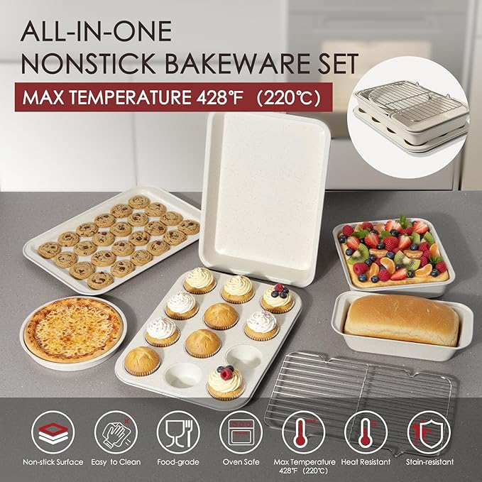 Kikcoin Pots and Pans Set Non Stick 31 Piece Kitchen Nonstick Cooking Cookware Sets with Grill Pan Saucepan Baking Sheet Utensil, Cream White