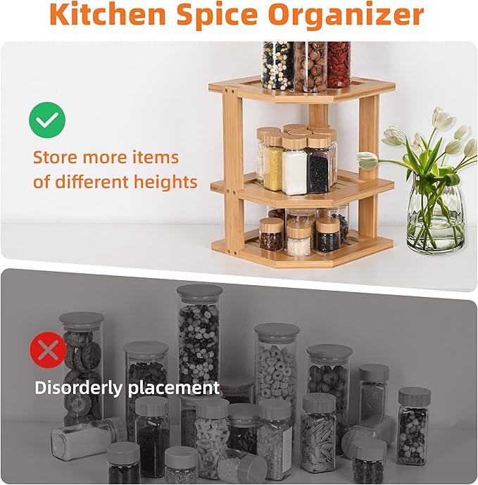 Bamboo Kitchen Cabinet Organizer, 3 Tier Spice Rack Organizer for Cabinet, Space-Saving Spice Corner Shelf, Multi-Purpose Kitchen Counter Shelf for Spices, Plates, Fruits, Bread and Canned