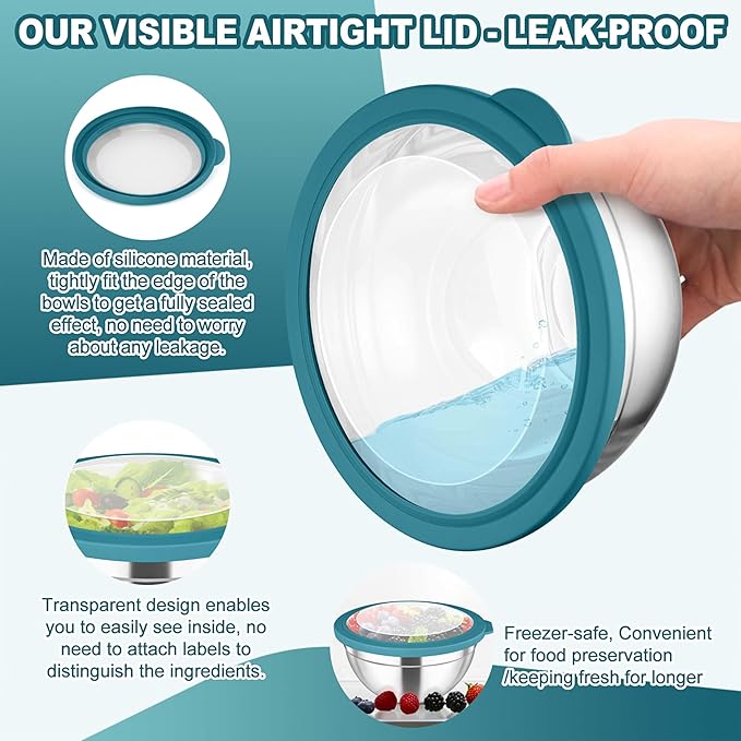 TeamFar Mixing Bowls Set, 4.5/3/1.5/1/0.7 QT Stainless Steel Nesting Salad Bowls with Visible Lids, For Serving Mixing, Non-Toxic & Heavy Duty, Airtight & Easy Clean, Dark Blue, Set of 5