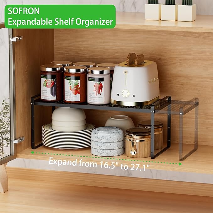 Expandable Cabinet Organizer Shelf, Stackable Shelf Riser for Small Kitchen Pantry Desk Cupboard Tabletop Countertop Home Office, Heavy Duty, Black Small 1 Pack