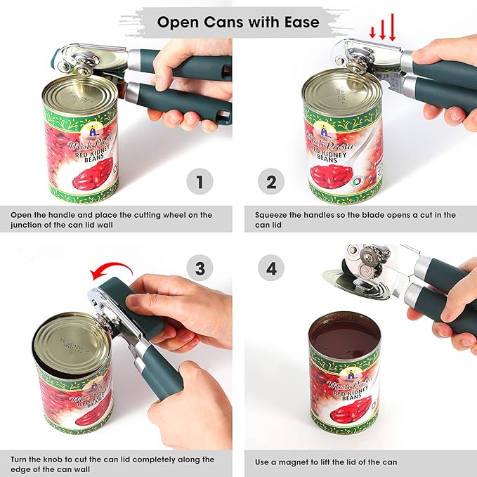 Beneno Heavy Duty Hand Can Opener Manual with Magnet, Durable Sharp Carbon Steel Blade Smooth Cutting, Big Effort-Saving Knob & Soft Grip Handle, Multifunctional Kitchen Tool with Bottle Opener, Green