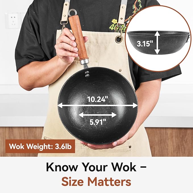 10.2 Inch Iron Wok, Cast Iron Wok Pan with Glass Lid, Uncoated Flat Bottom Wok for Stir-Fry & Saute, Woks & Stir-Fry Pans for Electric, Gas & Induction Cooktops