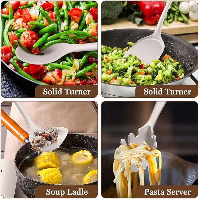 LIANYU 8Pcs Kitchen Cooking Utensils Set, Silicone Cooking Utensil Set, Heat Resistant Kitchen Tools for Nonstick Cookware, Includes Silicone Spatula, Spoon, Ladle, Turner, Dishwasher Safe, Khaki
