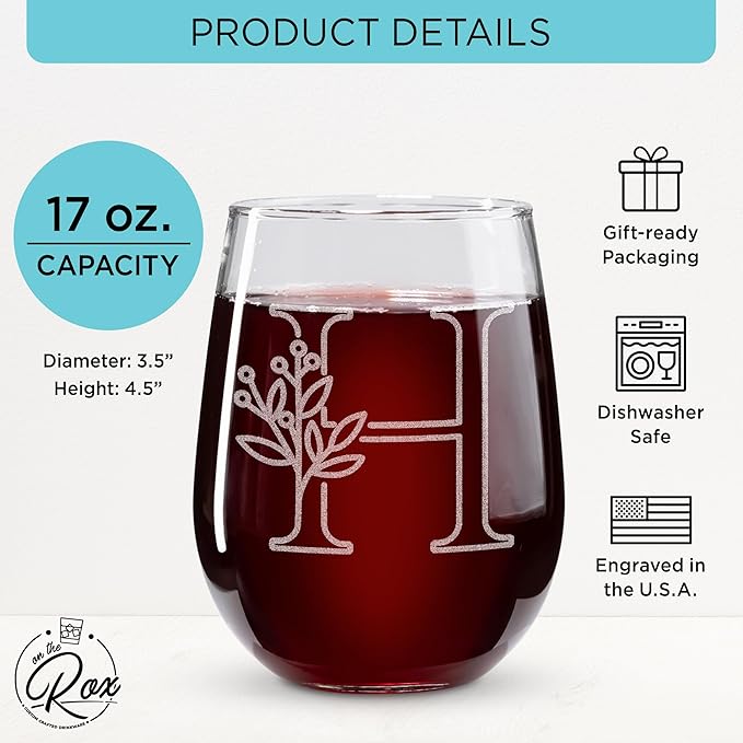 On The Rox Drinks Monogrammed Gifts For Women and Men - Letter A-Z Initial Engraved Monogram Stemless Wine Glass - 17 Oz Personalized Wine Gifts For Women and Men (H)