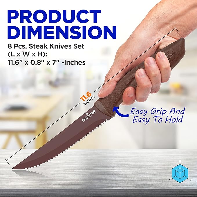 NutriChef SereneLife Stainless Steel Knife Set, 8 Pcs. - Non-Stick Coating, Sharp Serrated Blades, Professional Kitchen Set, Rust-Resistant, Dishwasher Safe, Ideal for BBQ & Grilling, Yellow