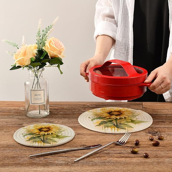 Sunflower Watercolor Kitchen Trivets Pot Holders Set of 2, Trivets for Hot Pots Dishes Woven Trivet Coaster Pad Mat for Counter