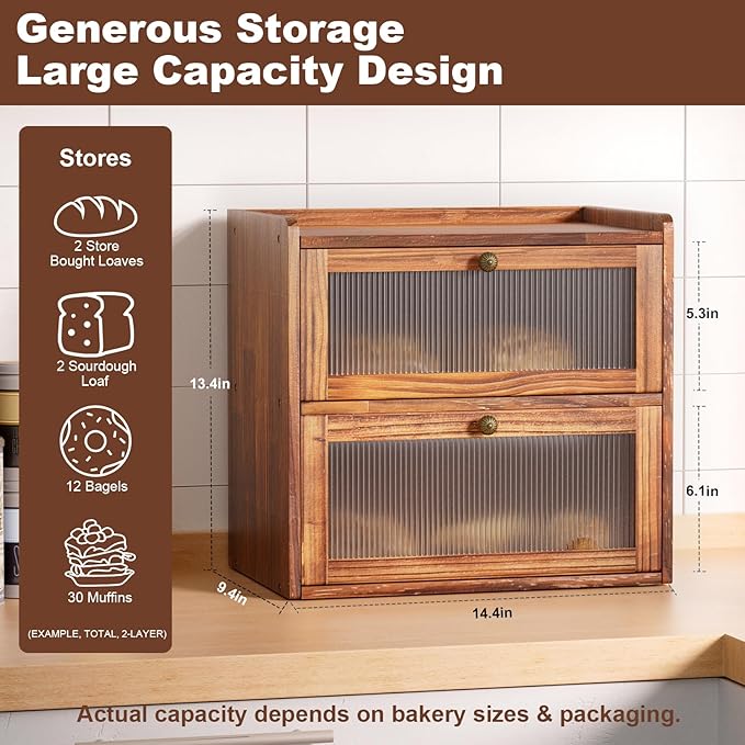Bread Box for Kitchen Countertop Wooden Bread Storage Container Bin 2 Layer Corner Breadbox Large Capacity, Vintage Farmhouse Food Organizer Pantry Shelf with Window Brown Pine Wood
