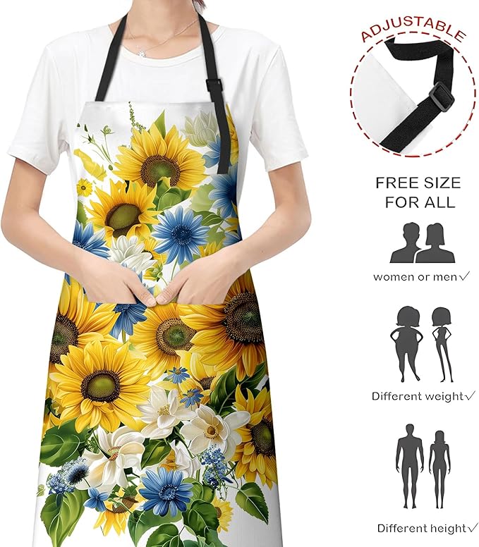 Sunflower and Daisy Apron for Women Men, Cooking BBQ Chef Polyester Lightweight Bright Floral Aprons with Pockets for Baking Kitchen Gardening Cleaning, Adjustable Neck Strap, 28×33inch