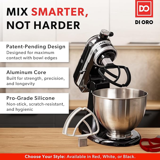 DI ORO Seamless Series Flex Edge Beater for KitchenAid Tilt-Head Stand Mixer - 4.5-5 Quart Flat Beater Paddle - Flexible Silicone Edges for Scraping & Mixing Bowls - Dishwasher Safe & BPA Free (Black)