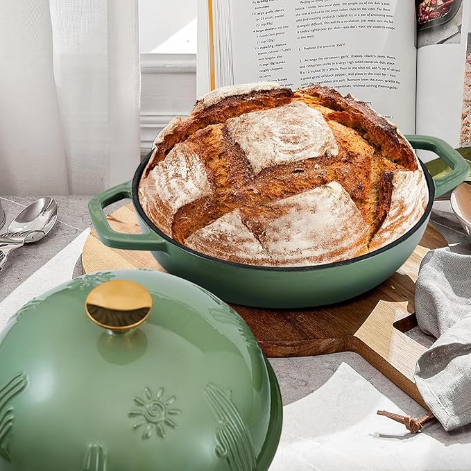 Bread Oven Cast Iron Bread Dutch Oven with Cloche Lid for Bread Baking Green Enameled Cast Iron Bread Oven with Dome Lid for Sourdough, 9.8 Inches