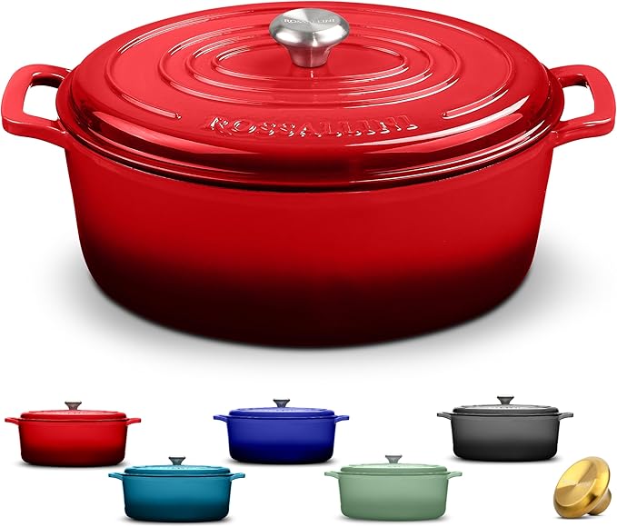 Signature Enameled Cast Iron Oval Dutch Oven | Non-Stick Serving Pot with Tight Fitting Lid for Perfect Roasting, Baking, Sauteing, and Bread Making | 5Q [Red]