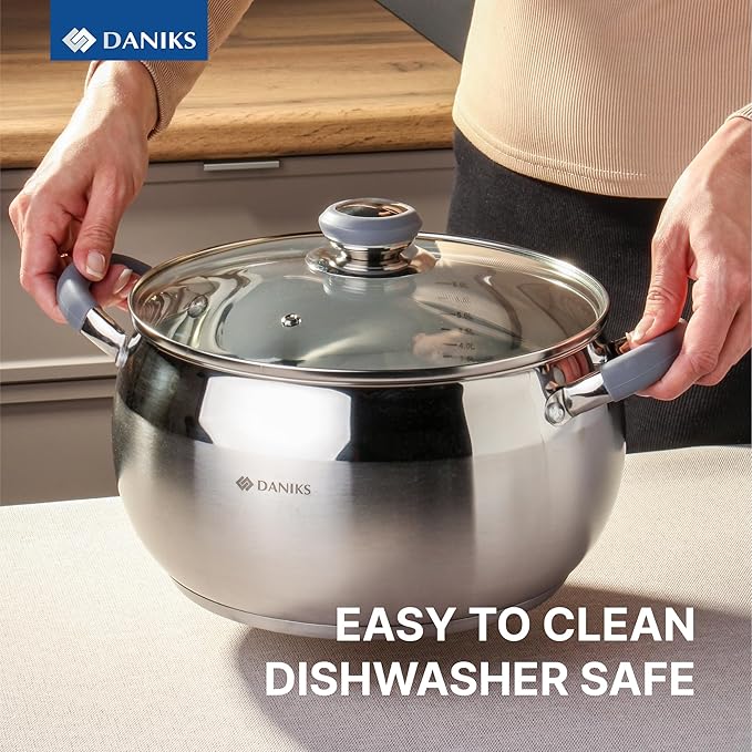 Daniks Modern 7 Quart Stainless Steel Stock Pot with Glass Lid, Tri-Ply Bottom for Even Heating, Induction Compatible, Dishwasher Safe, Heatproof Handles