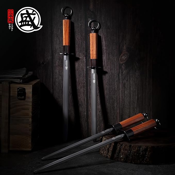MITSUMOTO SAKARI 12 Inch Knife Sharpener Rod, Round Knife Honing Rod, High Carbon Honing Steel