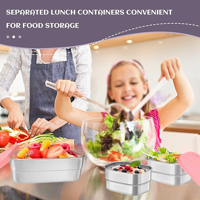 HaWare 8oz*2+25oz Stainless Steel Lunch Box for Kids, Leak Proof Lunch Container with Silicone Lids, Easy Open Food Storage Bento Box for School and Daycare, Dishwasher Safe