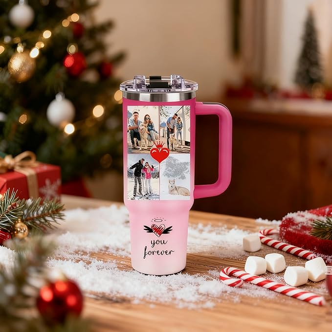 Personalized 40oz Tumbler with Handle, Custom Insulated Tumblers with Pictures Logo, Stainless Steel Travel Coffee Mug, Personalized Gifts for Women Men Birthday Fathers Day Mothers Day (4 PHOTOES)