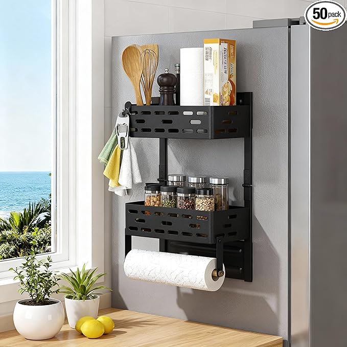 2-in-1 Magnetic Spice Rack & Paper Towel Holder for Fridge - 4 Hooks Kitchen Space Saver, Black Fridge Magnet Organizer