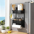 2-in-1 Magnetic Spice Rack & Paper Towel Holder for Fridge - 4 Hooks Kitchen Space Saver, Black Fridge Magnet Organizer