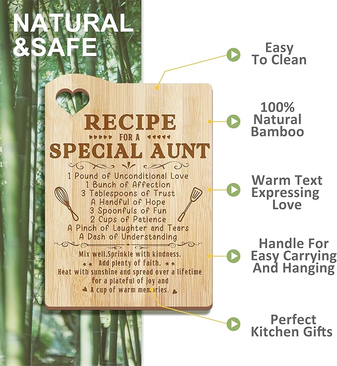 Aunt Gifts, Christmas Aunt Gifts from Niece/Nephew, Auntie Birthday Gift Wooden Cutting Board Utensils Set with Apron, Great Auntie Xmas Santa Stocking Stuffer Mothers Day Kitchen Present