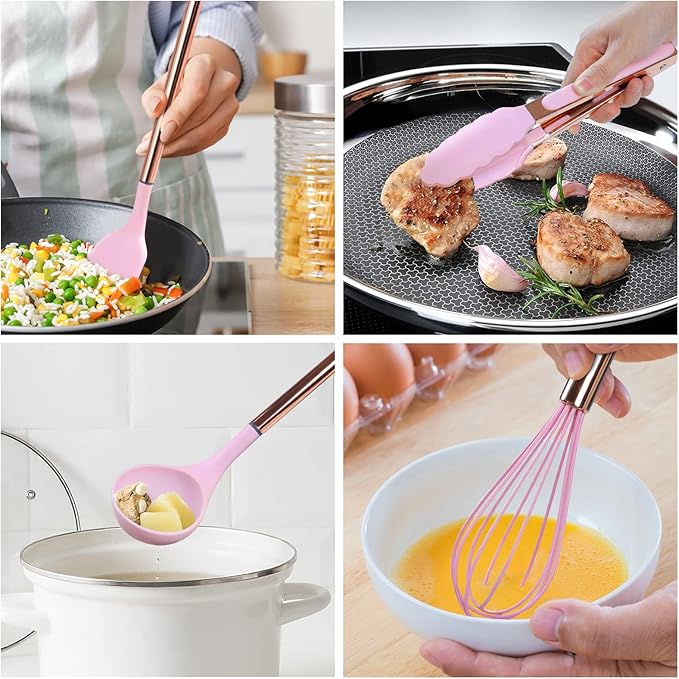 Kitchen Utensil Set with Holder, 22 Pcs Silicone Cooking Utensils Set for Nonstick Cookware, Heat Resistance Spatula Set, Stainless Steel Handle Kitchen Gadgets Utensils Set(Pink)