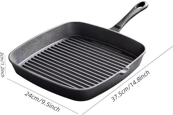 Cast Iron Grill Pan, 9.5 inch Square Grill Pan Skillet with Pour Spout, Cast Iron Griddle Pan with Small Meat Tong, Oil Brush & Hemp Rope for Stove Tops, Gas, Induction, Oven, Grill, Campfire
