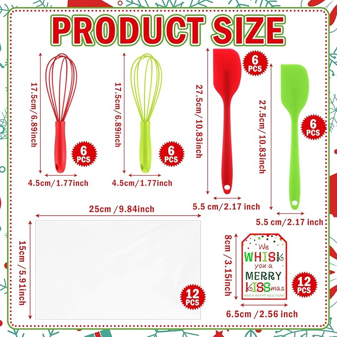 Bokon 12 Sets 48 Pcs Christmas Whisk Spatula Baking Gifts Red Green Christmas Kitchen Sets Includes Silicone Steel Whisk Spatula Greeting Cards Ribbons Plastic Bags Cooking Supplies for Xmas Gift