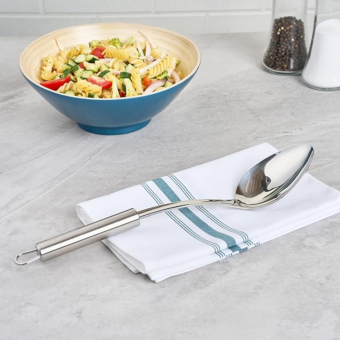 Serving Spoon 1 Pack 12.3 Inch Ergonomic Handle Spoon Dishwasher Safe Stainless Steel Silver Buffet Utensil Durable Catering Cutlery for Serving at Buffets, Events