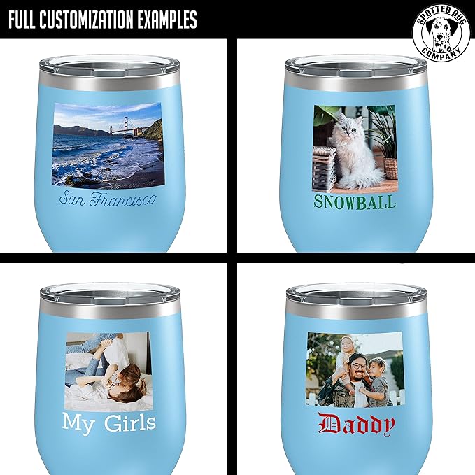 Personalized Mothers Day 12oz Photo Picture Printed Insulated Stainless Steel Powder Coated Stemless Wine Tumbler with Lid, Customized Mum Gift Idea Her, Custom Mom Coach Gifts Team (Light Blue)