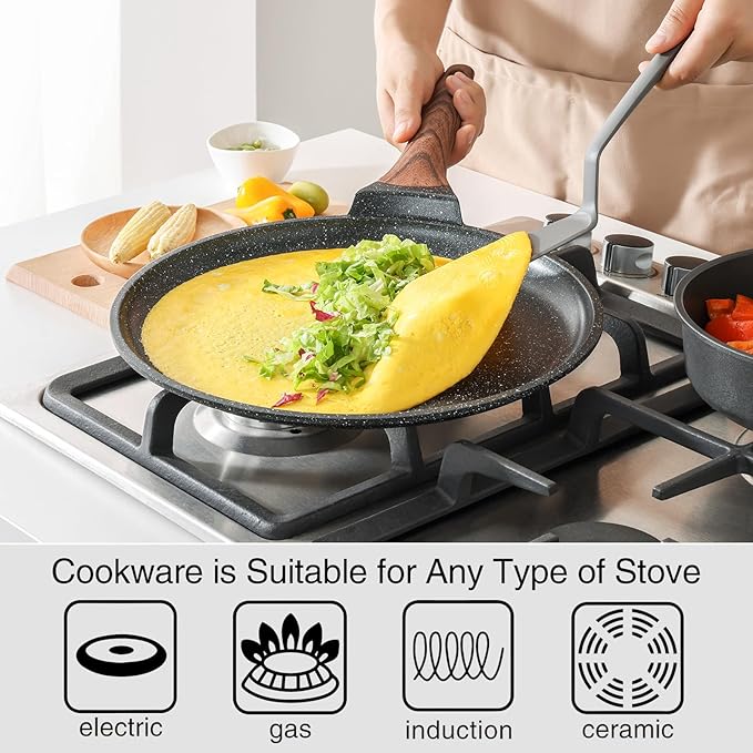 Kordisen Crepe Pan Nonstick, 10 Inch Dosa Pan with Spreader, Granite Coating Comales Para Tortillas Pancake Pan, Flat Bottom for Stove Top, Induction Compatible, PFOA Free