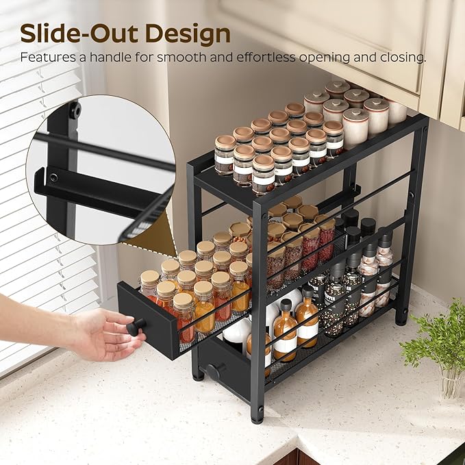 Spice Rack, 3-Tier Pull Out Spice Rack Organizer for Countertop, Narrow Kitchen Countertop Storage Shelf with 2 Drawers, for Kitchen, Cafe, Black SR02BB